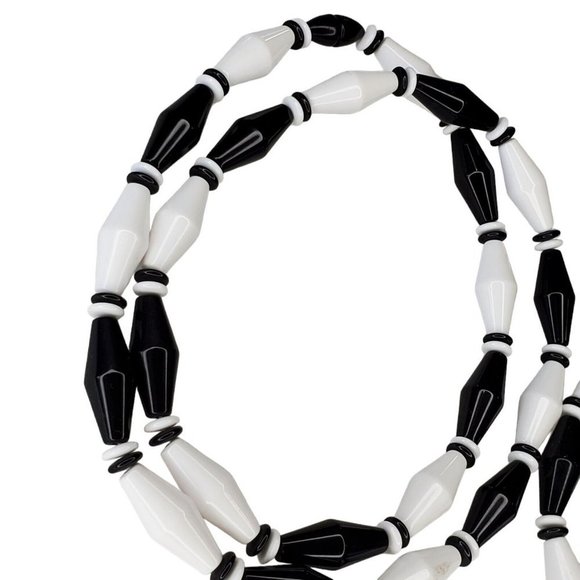 Vintage Retro Long Geometric Black White Beaded Necklaces‎ Set Of 2 28" - Picture 3 of 7